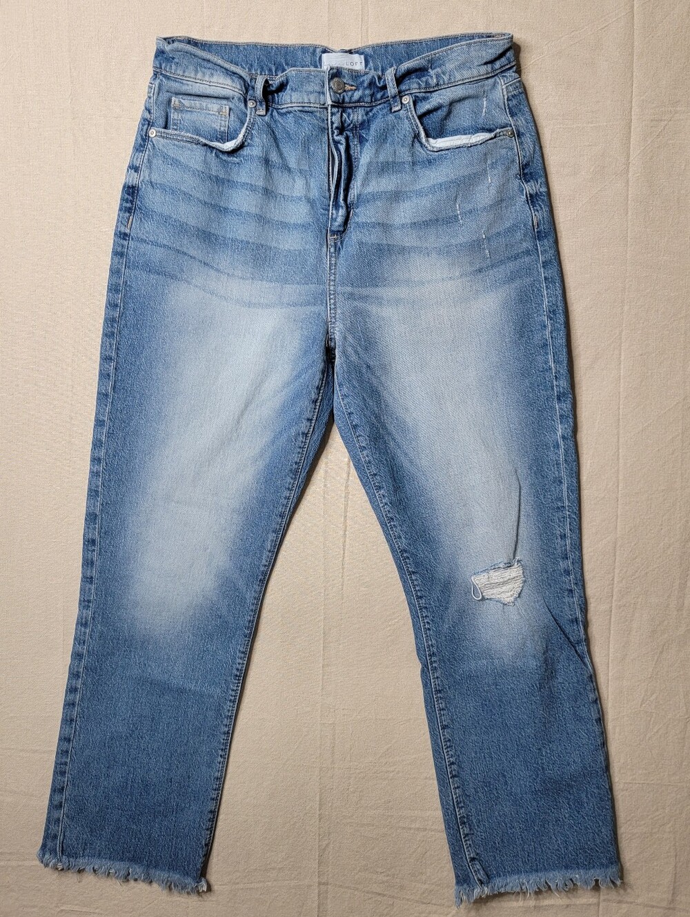 Loft The Straight Crop Jeans Light Wash Raw Hem Blue Size 10 High Rise Boho